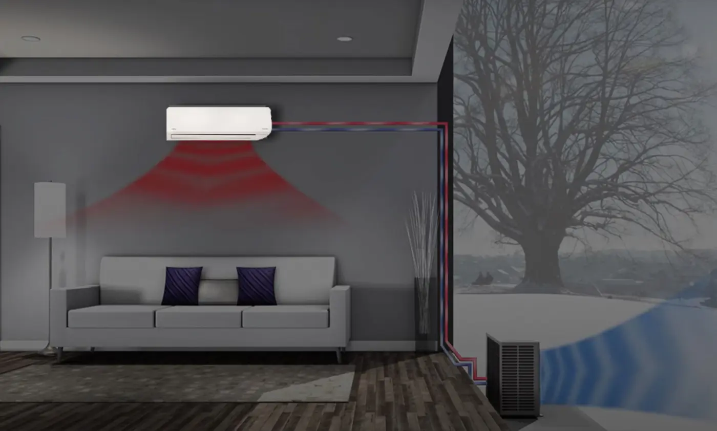 Illustration of a ductless mini-split heating a living room